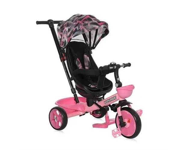 Tricicleta pentru copii Lorelli Voyage, Otel, cu sezut reversibil, centura siguranta, maner control parental, roti spuma EVA, 1-5 Ani, Roz