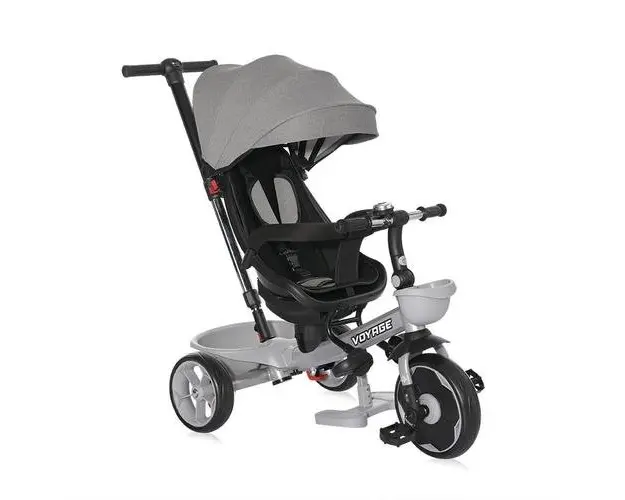 Tricicleta pentru copii Lorelli Voyage, Otel, cu sezut reversibil, centura siguranta, maner control parental, roti spuma EVA, 1-5 Ani, Gri