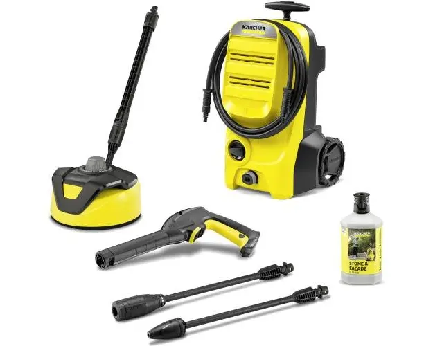 Aparat de spalat cu presiune Karcher K 4 Classic Home EU, 1800 W, 130 bar, 420 l/h debit maxim, furtun presiune 6 m, pistol G 120 Q,contine Home Kit: T 5 de curatat suprafete, 1 litru detergent piatra si fatade 3-in-1 (Galben)