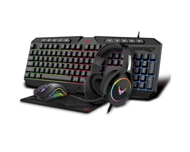 Kit mouse si tastatura gaming Platinet Varr Rainbow Set, Tastatura, Mouse, Mousepad, Casti, Iluminare RGB + Casti cu microfon + Mousepad (Negru)