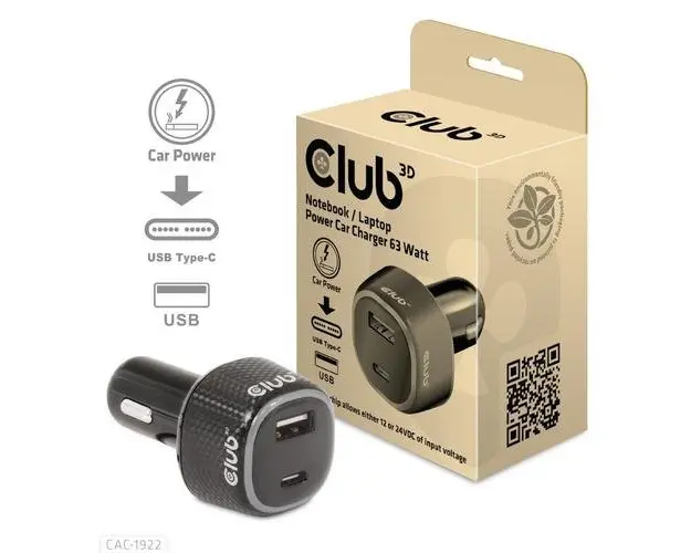 Incarcator auto CLUB3D CAC-1922, 63W, USB-A, USB Type-C (Negru)