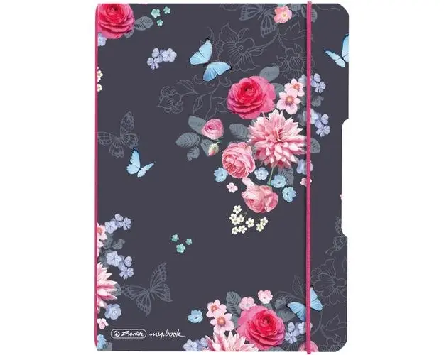 Caiet Herlitz MyBook Flex, A5, 40file, 80gr, patratele, coperta Ladylike Flowers, elastic roz