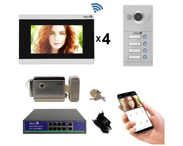 Kit Interfon Video 4 familii wireless WiFi IP65 1.3MP 7 inch Color 3in1 POE RJ45 Mentor SYKT031