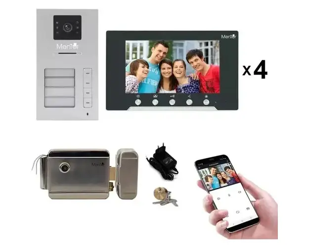 Kit Interfon Video 4 familii wireless WiFi IP65 2MP 7 inch Color 3in1 2 fire Mentor SYKT020
