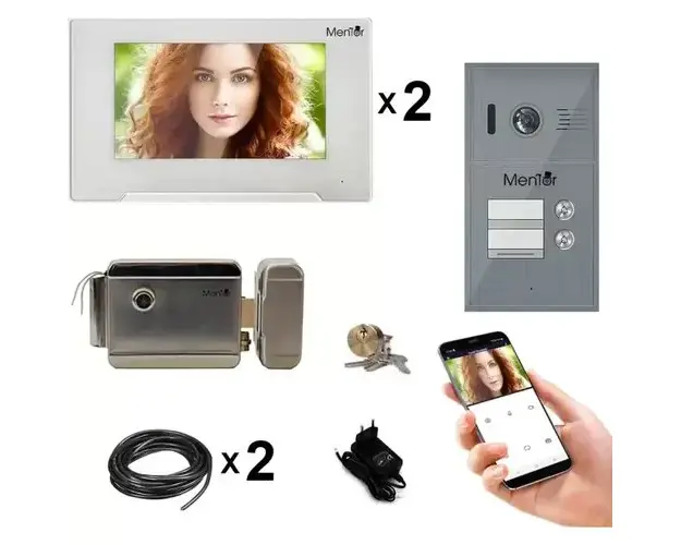 Kit Interfon Video 2 familii wireless WiFi IP65 2MP 7 inch Color 3in1 4 fire Mentor SYKT025
