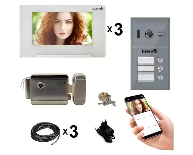 Kit Interfon Video 3 familii wireless WiFi IP65 2MP 7 inch Color 3in1 4 fire Mentor SYKT026