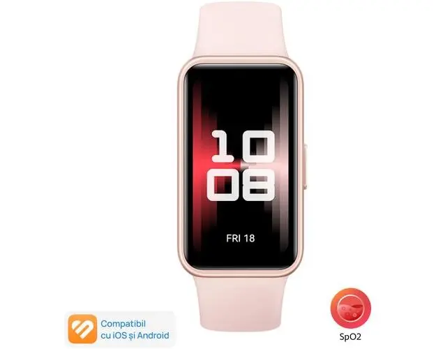 Bratara fitness Huawei Band 9, curea fluoroelastomer, ecran AMOLED, Bluetooth, Android&iOS (Roz)