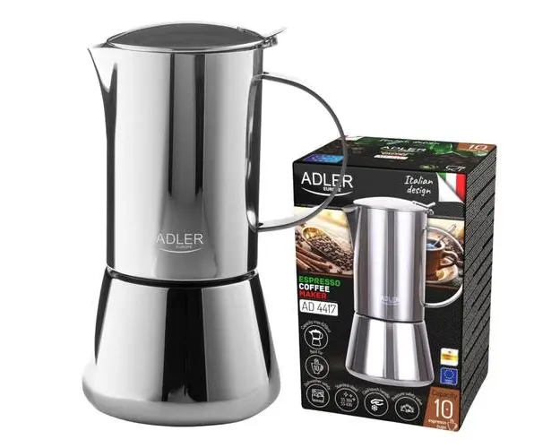 Espressor pentru aragaz Adler AD4417, 500ml, inox, compatibil inductie, termoizolat (Argintiu)