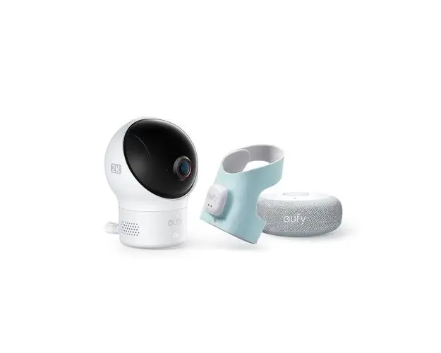 Set monitorizare bebe eufy Smart Sock Baby Monitor S340, Camera 2K, 2.4 GHz Wi-Fi, Pan & Tilt, urmarire ritm cardiac si niveluri de oxigen din sange, detectie AI Cry, Alb