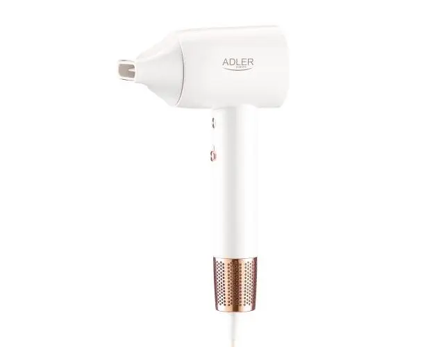 Uscator de par Adler AD 2272, 110.000 RPM, 1800W, afisaj LED, flux aer 20 m/s, 3 setari temperatura, 2 trepte viteza, nivel zgomot 67 dB, tehnologie ionizare, concentrator magnetic (Alb/Auriu)