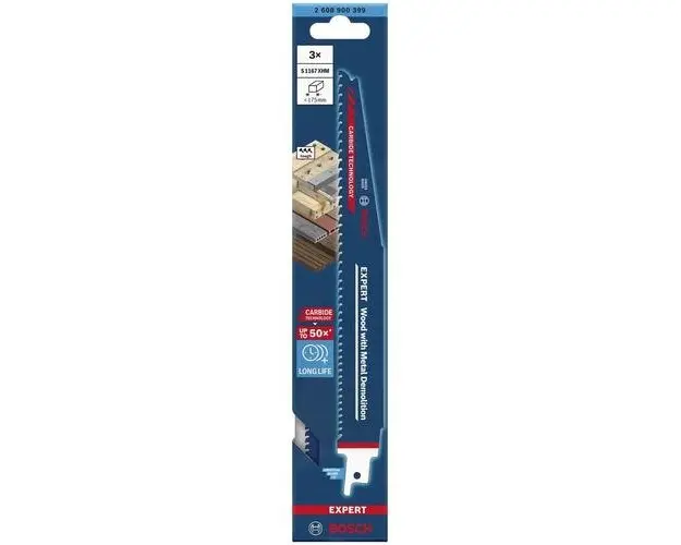 Set de 3 panze de fierastrau sabie Bosch Expert Wood with Metal Demolition S 1167 XHM 2608900399, 3.5-5 mm spatiere dinti, 225 mm lungime