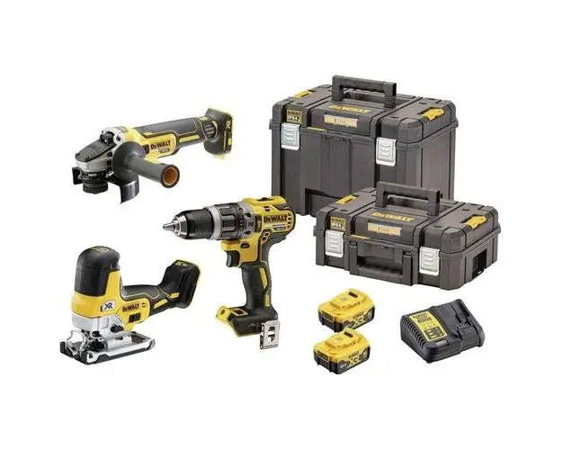 Set 3 scule electrice DeWalt DCK329P2T-QW, Masina gaurit si insurubat DeWalt DCD796, Polizor Dewalt DCG405, Fierastrau electric DeWalt DCS335N, + 2x Acumulatori 18V 5.0 Ah, Incarcator, 2x Cutii transport TSTAK