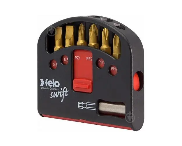 Set de 6 biti Tin Swift drepti, PZ, PH adaptor magnetic si cutie pentru biti Felo