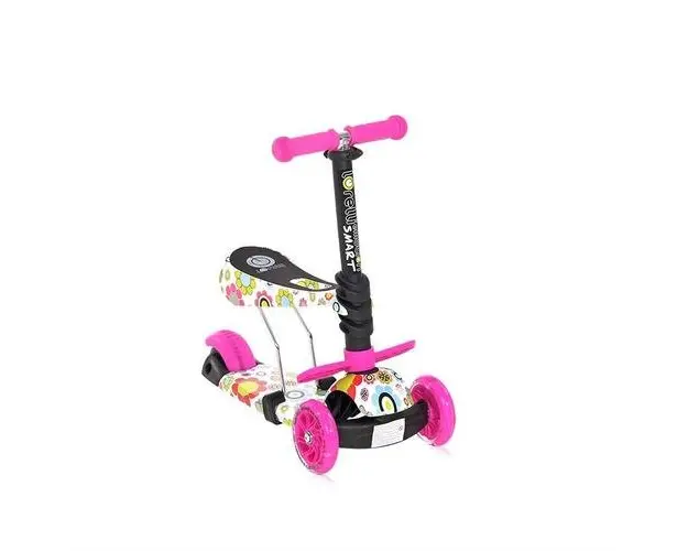Trotineta pentru copii Lorelli Smart Pink Flowers, 3 ani+, sa detasabila, ghidon si sa reglabila pe inaltime in 3 pozitii, 2 roti luminoase pe fata