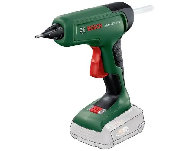 Pistol de lipit pe acumulator Bosch AdvancedGlue 0603264800, 18 V, 20 g/min capacitate lipire, 11 mm diametru bagheta, 200 C temperatura, fara acumulator/incarcator + Starter Kit Bosch Alliance 1600A02625, acumualtor 18V, 2.5 Ah, incarcator