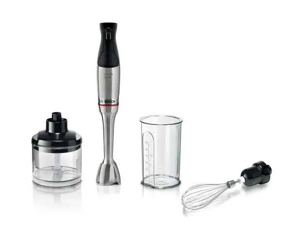 Blender de mana Bosch MSM6M821, 1200W, tija de inox, mecanism click, cuplaj ceramic, buton ergonomic pt selectarea vitezelor (Negru/Inox)