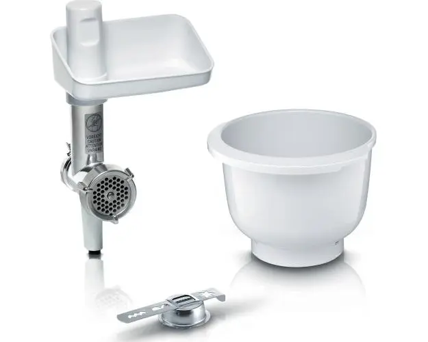 Set de accesorii pentru robotii de bucatarie MUM5 si MUM 4 Bosch MUZ5BS1, masina de tocat , bol de plastic, accesoriu 4 tipuri de patiserie (Alb)