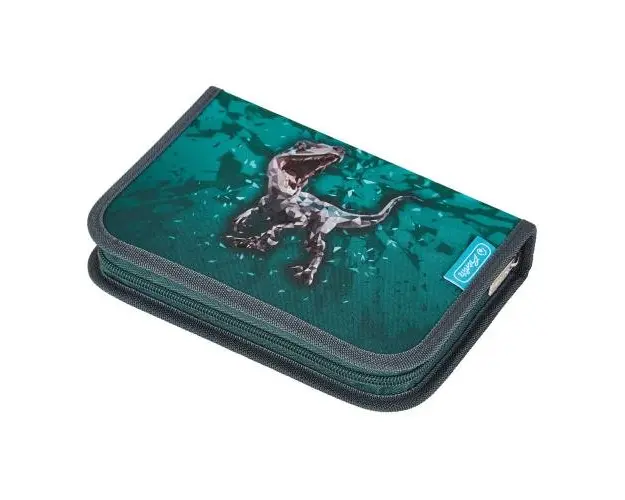 Penar echipat Herlitz motiv Green Rex, 31 piese, cu 2 clape, dimensiune 14 x 20,3 x 3,5 cm