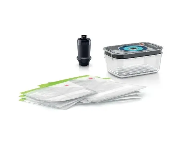 Set accesorii blender de mana MaxoMixx Bosch MSZV8FS1 cu vacuum, pompa pentru vidare, o caserola (1,2l) si pungi pentru vidare (3 de cate 1,2l si 3 de 3,8l)
