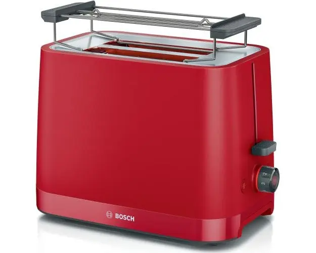 Prajitor de paine compact Bosch TAT3M124, setari pt decongelare si incalzire, suport pt incalzire chifle, high lift, oprire automata, rumenire uniforma, fara BPA pt elemente plastic, Rosu