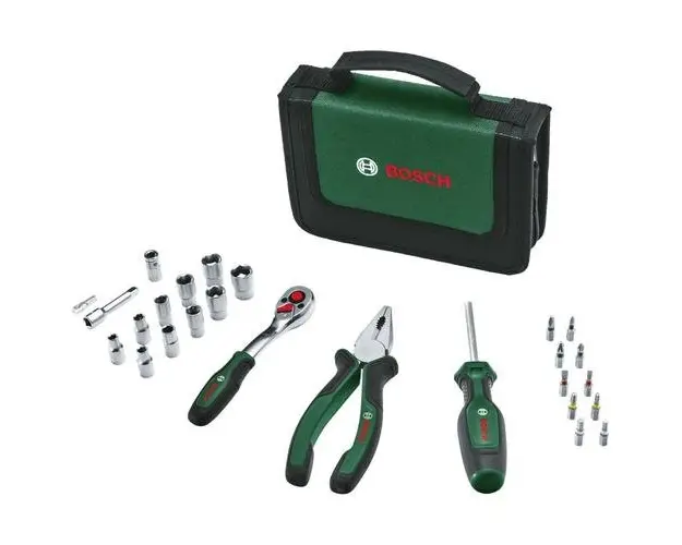 Set 26 scule de mana Bosch Mobility 1600A02BY2, cleste patent, surubelnita cu clichet, surubelnita universala, biti, adaptori biti, racorduri
