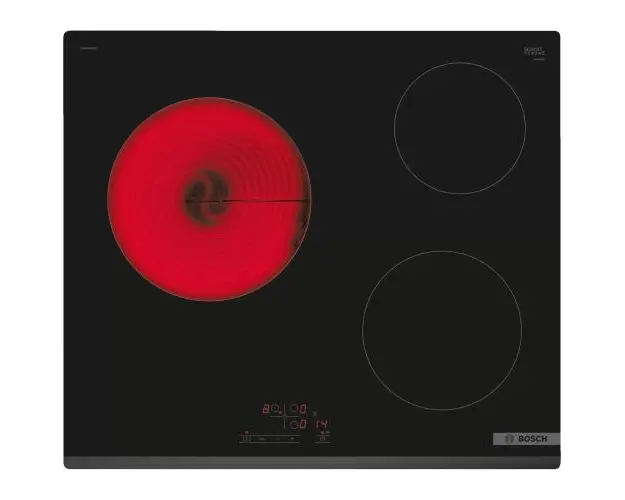 Plita incorporabila Bosch PKM631BB2E, Vitroceramica, 3 zone de gatit, TouchSelect, ReStart, Temporizator, HighSpeed, 60 cm, Negru