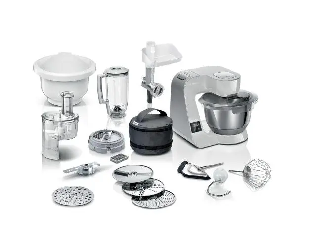 Robot de bucatarie Bosch MUM5XL72, cu cantar integrat, 1000 W, Bol otel inoxidabil 3.9 l, blender 1.25 l, 7 viteze+impulse, mixare planetara 3D, Argintiu