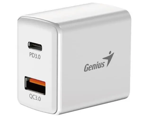 Alimentator retea Genius Quick Charge 20W, 1 x USB-A + 1 x USB Type-C, PD 20W USB-C sau USB-A, cablu USB-C 1m, Alb