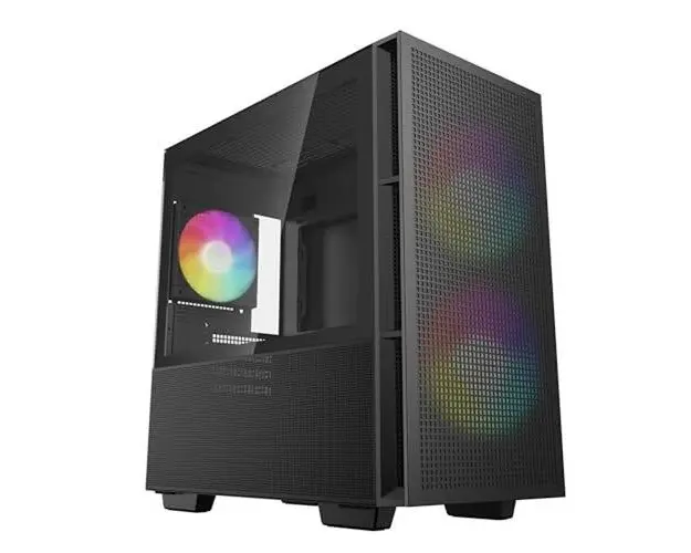 Carcasa DeepCool „CH360”, Mini Tower, ATX, fara sursa, 3 ventilatoare incluse, USB 3.2 gen 1 x 1, USB 2.0 x 2, audio, PSU shroud, 4 sloturi expansiune, iluminare ARGB (Negru)