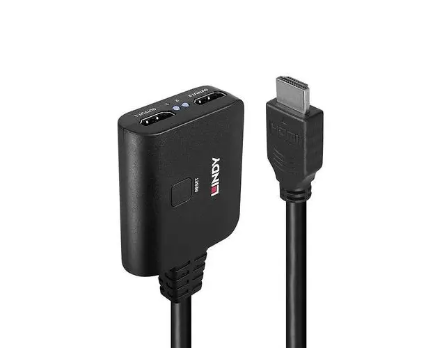 Cablu Lindy LY-38356, HDMI - 2 x HDMI 4K60, latime de banda suportata 18Gbps, Chipset: GSV2006, lungime cablu 500 mm, Negru