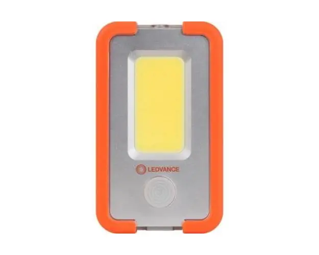 Lanterna LED camping Ledvance, 4W COB, 400 lm, 3 moduri de iluminare (100%-400 lm, 30%-120 lm si flash), acumulator Li-Ion 3000 mAh, USB power-bank, IP20, brat magnetic, carlig, cablu incarcare USB inclus, Portocaliu/Gri