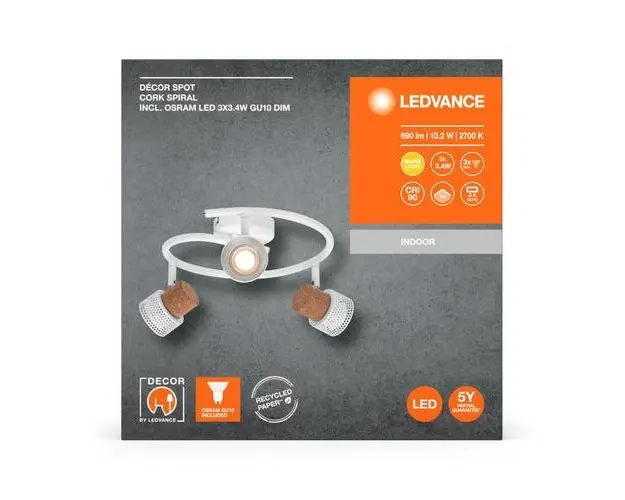 Spot LED triplu ajustabil Ledvance DECOR CORK, 3xGU10, 3x3.4W, 690 lm, lumina calda (2700K), dimabil, IP20, Ø318mm, Alb, clasa energetica G