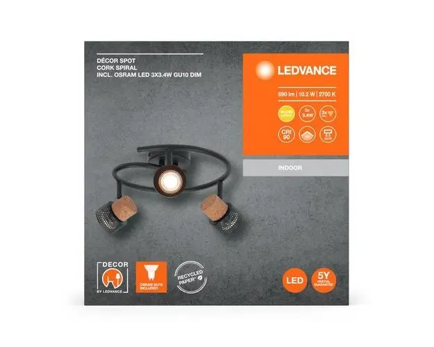 Spot LED triplu ajustabil Ledvance DECOR CORK SPIRAL, 3xGU10, 3x3.4W, 690 lm, lumina calda (2700K), IP20, 318x136x293mm, metal/pluta, Negru
