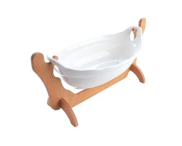 Vas gondola pe suport de lemn OEM, 32 x 17 cm, Ceramica, Alb