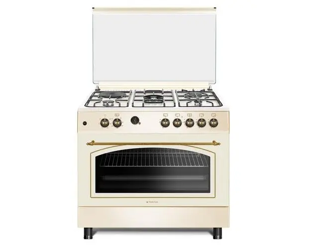 Aragaz Studio Casa, FE90/60 El Avena Rustic, 90 cm, Cuptor electric, 4 arzatoare gaz, din care unul Wok + 1 ochi electric, Rotisor, Grill, electric, Gratare fonta (Crem)