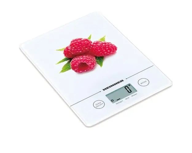 Cantar de bucatarie Heinner Raspberry HKS-5-RSB, 5 kg, sticla securizata, control touch cu display LCD, functie tara, functie cantarire lichide, gradare 1 g, baterie inclusa cr2032 (Alb)