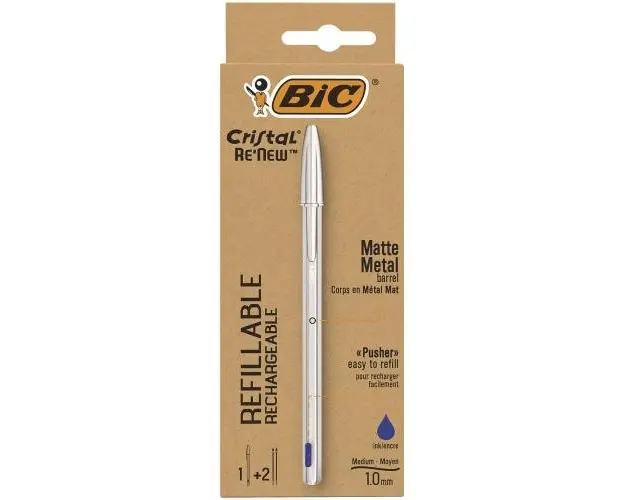 Pix BIC Cristal Re'New, 1.0 mm, corp din metal, cutie 1 pix si 2 rezerve