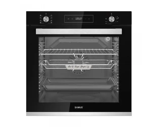 Cuptor incorporabil Samus SCE828GCF3D, 80 l, 2500 W, 8 functii, Clasa energetica A, Gatire 3D, Grill, Ventilator, Timer digital, Curatare catalitica (Negru)