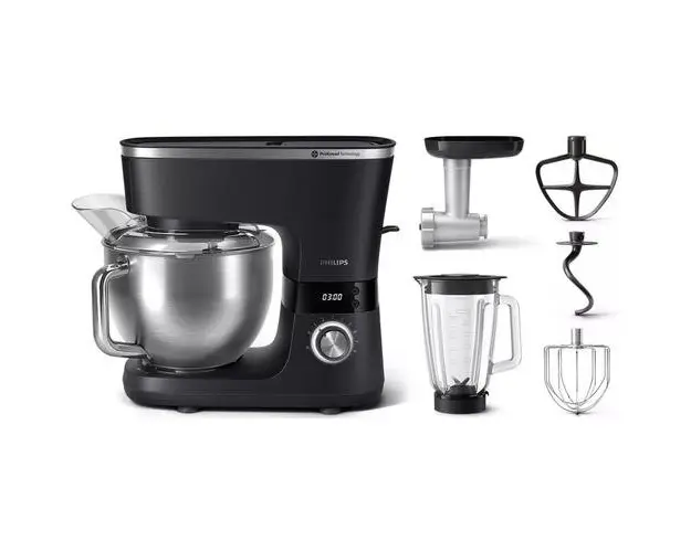 Robot de bucatarie Philips HR7962/21, seria 7000, 1000 W, 8 setari de viteza,Tehnologie ProKnead, Sistem de amestecare perfecta, carlige pentru aluat, paleta si tel, Castron de 5,5 l, Capac antistropire, Cronometru inteligent cu LED (Negru)