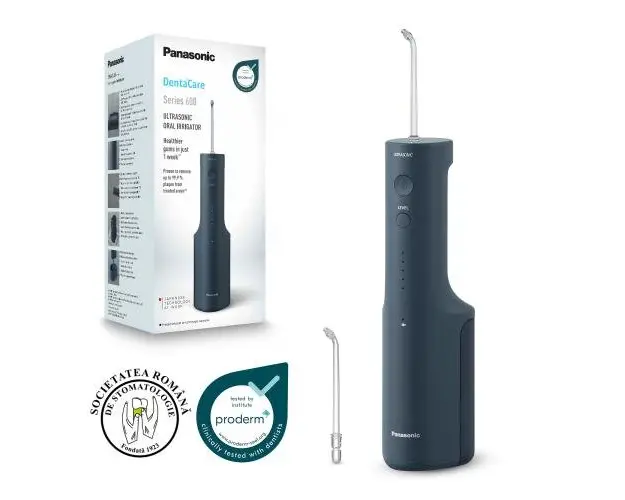 Irigator bucal Panasonic Ultrasonic EW-DJ66-A303, aprox. 647kPa presiune apa, 5 trepte de reglare presiune, portabil, 2 duze Ultrasonice incluse, Capacitate rezervor 200 ml (Albastru)