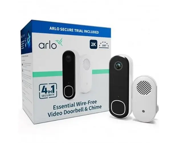 Sonerie video inteligenta Arlo Essential Security, 2K, detectie AI, Night Vision, cu avertizare sonora (Alb)