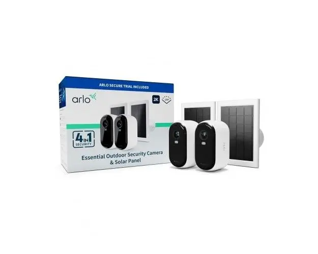 Camera de supraveghere Arlo VMK3250-100EUS Essential (Gen.2) 2 pack + 2 panouri solare, 4MP, 2K, 2560x1440, Color Night Vision, wireless, baterie reincarcabila, microfon si difuzor, reflector integrat, IP65 (Alb)