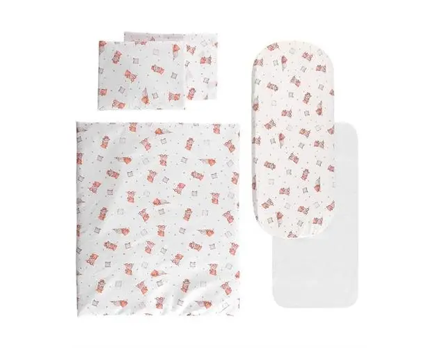 Set lenjerie pentru carucior Lorelli Bears & Pillows Beige, cu protectie impermeabila, 7 piese