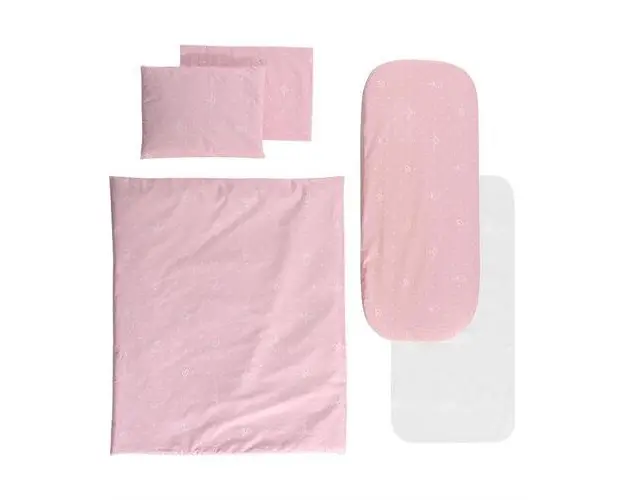 Set lenjerie pentru carucior Lorelli Little Bear Pink, cu protectie impermeabila, 7 piese
