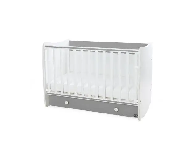 Patut balansoar pentru copii Lorelli Dream White Stone Grey, din lemn, transformabil, sistem leganare cu blocare, grilaj detasabil si culisant in 2 pozitii, saltea pe 2 niveluri de inaltime, sertar, 0-3 ani, 0-15 Kg, 120x60 cm