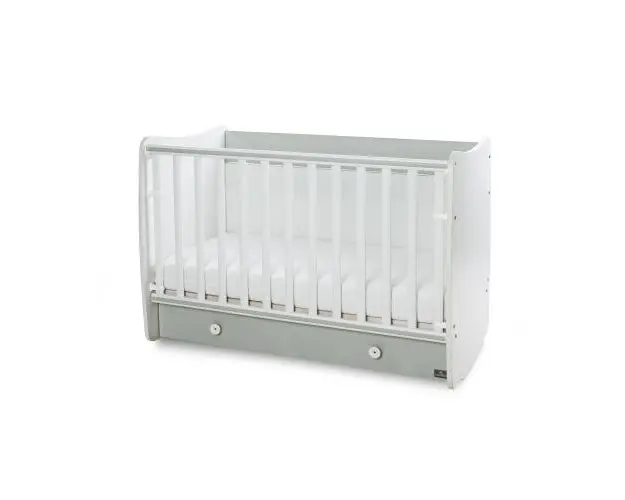 Patut balansoar pentru copii Lorelli Dream White Milky Green, din lemn, transformabil, sistem leganare cu blocare, grilaj detasabil si culisant in 2 pozitii, saltea pe 2 niveluri de inaltime, sertar, 0-3 ani, 0-15 Kg, 120x60 cm
