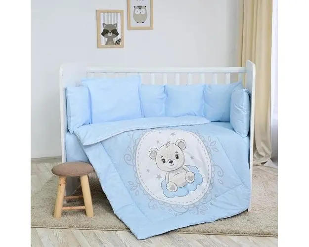 Set lenjerie pat 7 piese Lorelli Lily Little Bear Blue, 60 x 120 cm, bumbac ranforce