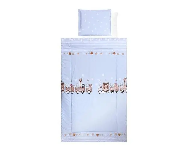 Set lenjerie pat 4 piese Lorelli Train Blue, bumbac ranforce, 70 x 140 cm, 60 x 120 cm