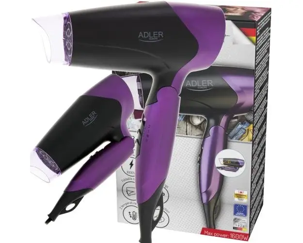 Uscator De Par Adler AD2260, 1600W, 2 Trepte De Viteza Si Temperatura, Concentrator De Aer, Negru/Violet