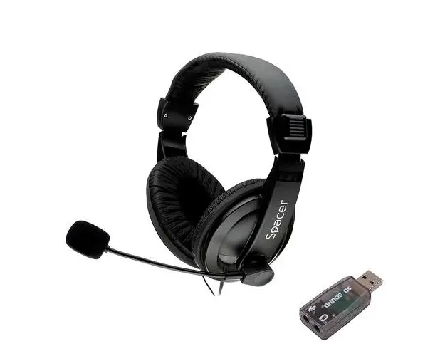 Casti cu fir Spacer SPK-222-USB, standard, microfon pe brat, conectare prin adaptor USB 2.0 sau Jack 3.5, Negru